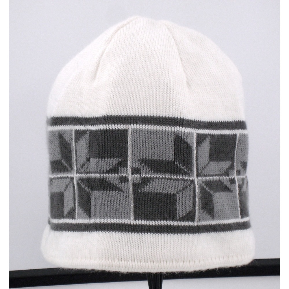 Vintage Columbia Sportswear Beanie Hat White Grey Snowflake Fleece Lined Winter